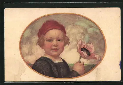 Künstler-AK Ludwig von Zumbusch: Bayerischer Blumentag 1913, Kind mit Blume