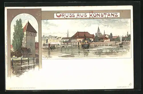 Künstler-AK Karl Mutter: Konstanz, Blick vom Hafen auf die Stadt