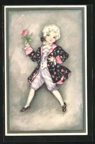 Künstler-AK Hannes Petersen: niedlicher Bube in barocker Kleidung mit Rose in der Hand