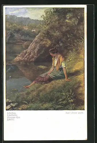Künstler-AK Carl Zewy: Junge Frau betrachten Libellen am Ufer eines Sees
