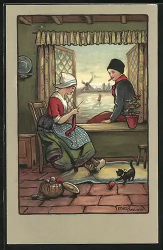 Künstler-AK Ethel Parkinson: Junges Holländer-Paar im vertrauten Gespräch am Fenster, Windmühle im Hintergrund