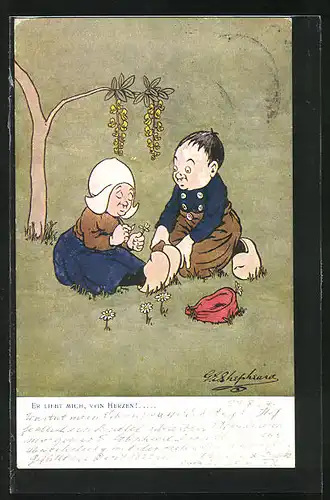 Künstler-AK George Edward Shepheard: Zwei Kinder auf der Wiese zupfen an Blüten - Er liebt mich, von Herzen !