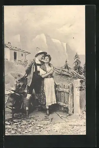 Künstler-AK Charles Scolik: Paar in Tracht am Gartenzaun