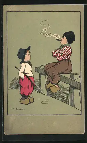Künstler-AK Ethel Parkinson: Zwei Buben mit Zigarre, Niederländische Tracht