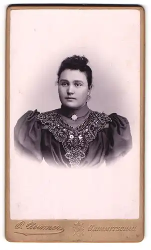 Fotografie Otto Zeumer, Crimmitschau, Portrait junge Dame im hübschen Kleid mit Puffärmeln