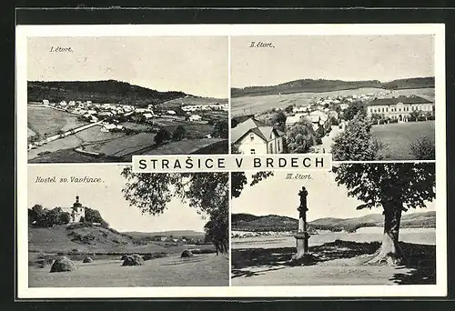 AK Strasice v Brdech, Kostel sv. Vavrince, Blick vom Kirchturm, Denkmal