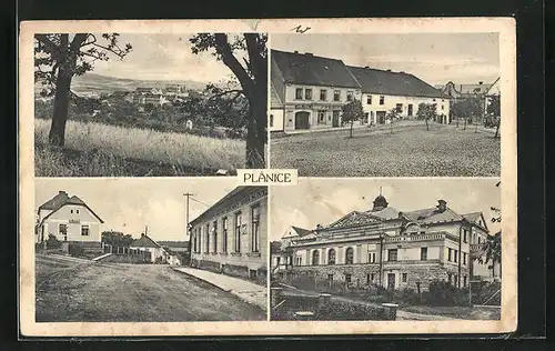 AK Plánice, Blick in eine Strasse, Gebäudeansicht von Aussen, Feldpartie mit Blick zum Ort