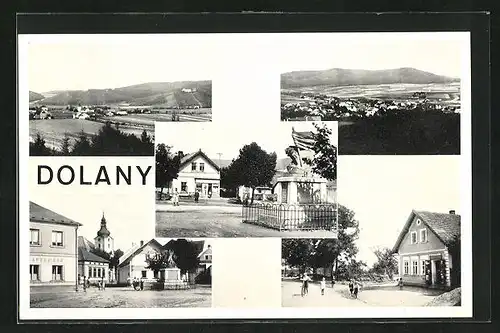 AK Dolany, Marktplatz mit Denkmal, Gebäudeansicht von Aussen mit Passanten, Teilansicht vom Ort