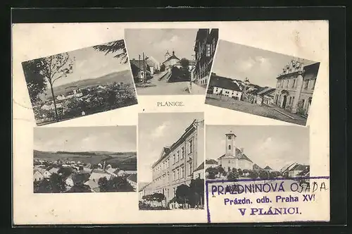 AK Plánice, Marktplatz mit Kirche, Perspektive aus der Vogelschau, Blick in eine Strasse