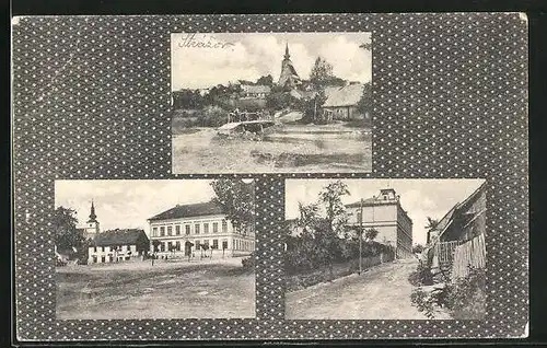 AK Strázov na Sumave, Blick in eine Strasse, Marktplatz mit Kirche, Feldpartie mit Blick zum Ort