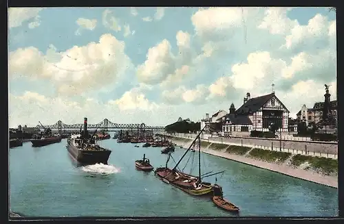 AK Duisburg-Ruhrort, Schifferbörse mit Rheinbrücke und Seedampfer