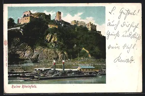 AK St. Goar, Ruine Rheinfels mit Schiffen