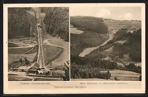 AK Oberweissbach, Oberweissbacher Bergbahn, Bahnhof Obstfelderschmiede, Obere Teilstrecke mit Bahnhof Lichtenhain