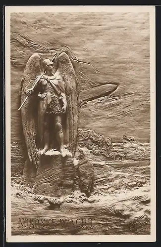Künstler-AK Nordsee-Wacht, Soldat mit Engelsflügeln blickt auf einen Zeppelin, Propaganda 1. Weltkrieg