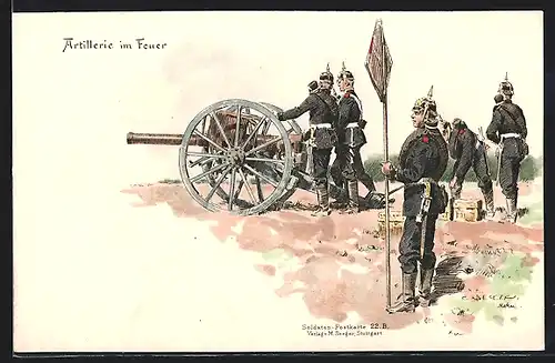 Künstler-AK Carl Becker: Artillerie im Feuer, Soldaten an der Kanone