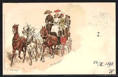 Künstler-AK Carl Becker: Kutsche auf dem Weg zum Rennplatz