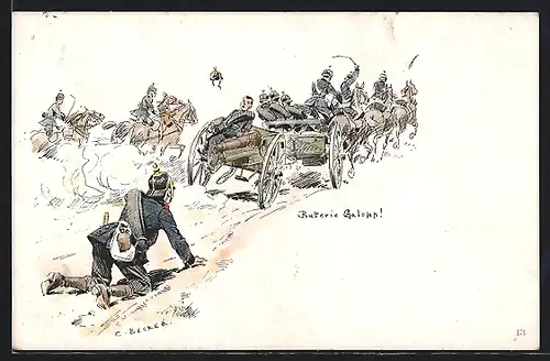Künstler-AK Carl Becker: Batterie Galopp!, Soldaten in Uniform auf einem Pferdewagen
