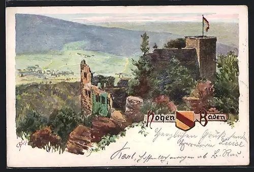 Künstler-AK Carl Biese: Hohen Baden, Blick auf die Ruine