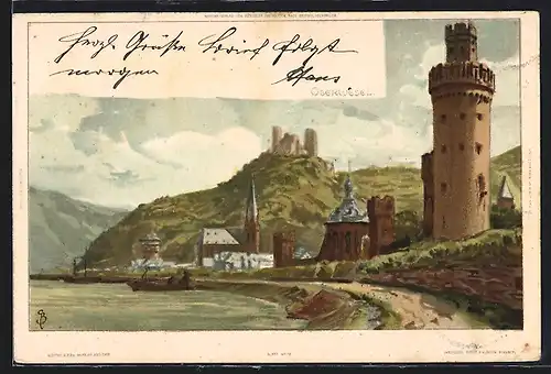 Künstler-AK Carl Biese: Oberwesel, Uferpartie mit Turm, Kirche und Ruine