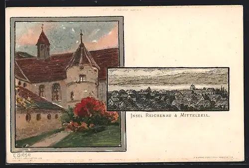 Künstler-Lithographie Carl Biese: Reichenau-Mittelzell, zwei Motive