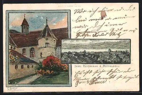 Künstler-Lithographie Carl Biese: Reichenau-Mittelzell, zwei Motive