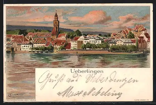 Künstler-AK Carl Biese: Ueberlingen, Ortschaft vom Wasser aus gesehen