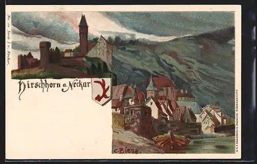 Künstler-AK Carl Biese: Hierschhorn a. Neckar, Panorama