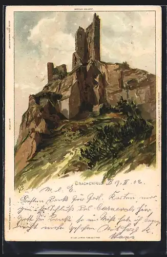 Künstler-AK Carl Biese: Blick zur Ruine auf dem Drachenfels