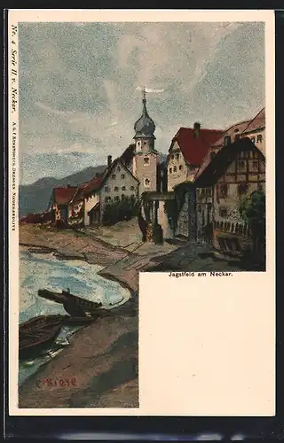 Künstler-AK Carl Biese: Jagstfeld am Neckar, Uferpartie mit Kirche