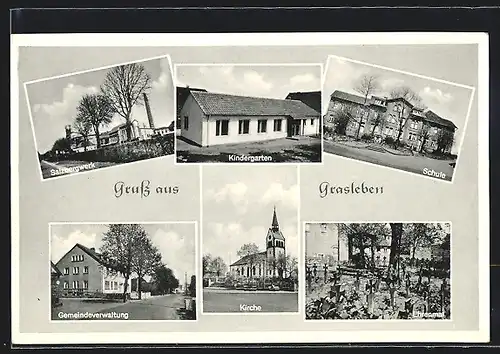 AK Grasleben, Strassenpartie mit Salzbergwerk, Schule, Ehrenmal