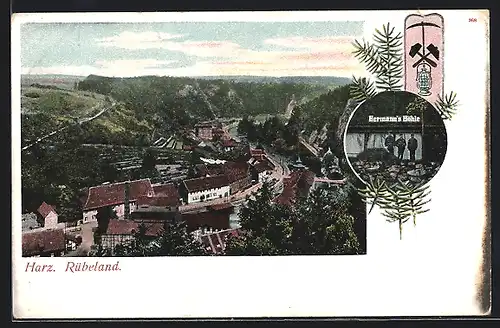 AK Rübeland / Harz, Ortsansicht aus der Vogelschau, Hermann`s Höhle