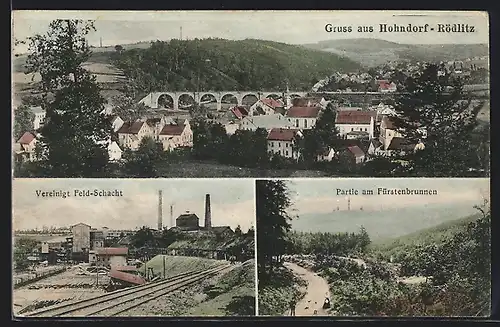 AK Hohndorf-Rödlitz, Teilansicht mit Kirche, Vereinigt Feld-Schacht, Partie am Fürstenbrunnen