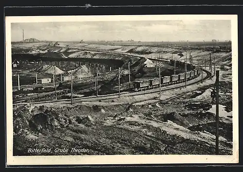 AK Bitterfeld, Grube Theodor mit Güterzug aus der Vogelschau