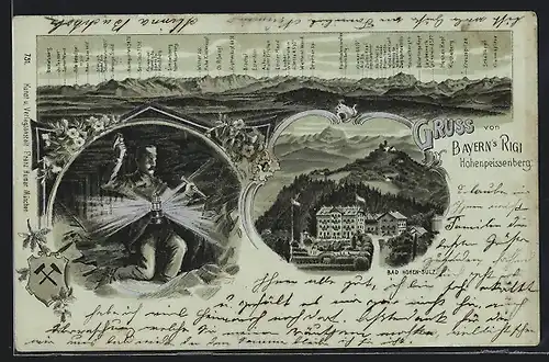 Lithographie Bad Sulz, Bergarbeiter mit Grubenlampe und Hammer im Stollen, Ortsansicht, Bergpanorama