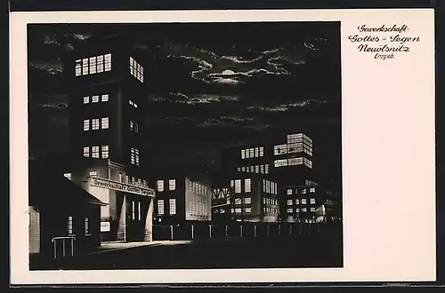 Mondschein-AK Neuölsnitz, Gewerkschaft Gottes-Segen, Beleuchtete Gebäude