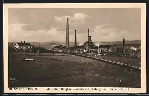AK Oelsnitz /Erzgeb., Bergbaugewerkschaft Hedwig- und Friedens-Schacht aus der Vogelschau