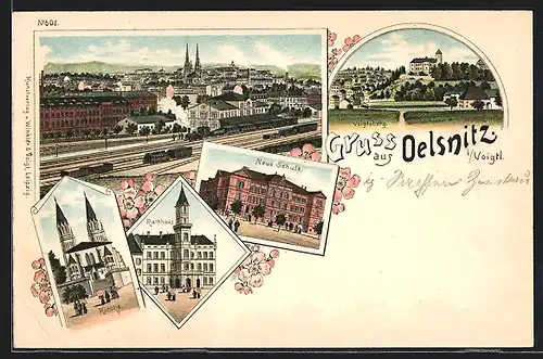 Lithographie Oelsnitz i./Vogtl., Ortsansicht mit neuer Schule, Rathaus