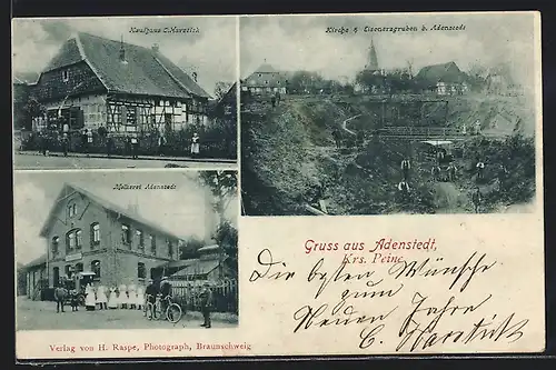 AK Adenstedt /Krs. Peine, Kaufhaus C. Harstick, Molkerei, Eisenerzgrube