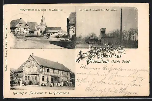 AK Adenstedt, Gasthof Fleischerei v. O. Giesemann, Erzbergwerk Engelhardt-Schacht, Kriegerdenkmal und Kirche