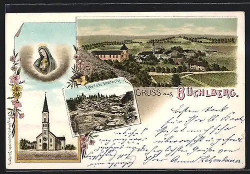 Lithographie Büchlberg, Kerbersche Granitwerke, Wallfahrtskirche, Ortsansicht