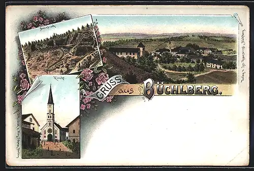 Lithographie Büchlberg, Steinbruch, Kirche, Ortsansicht