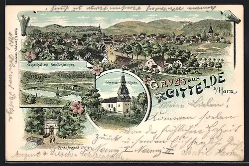 Lithographie Gittelde am Harz, Ernst August Stollen, Johannis-Kirche