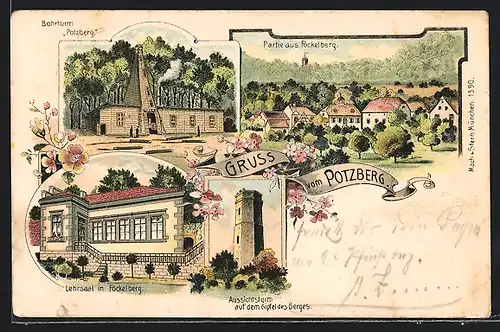 Lithographie Föckelberg, Potzberg mit Bohrturm, Lehrsaal und Aussichtsturm