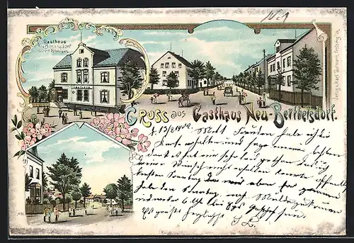 Lithographie Neu-Berthelsdorf, Gasthaus von Albert Rössiger, Strassenpartie