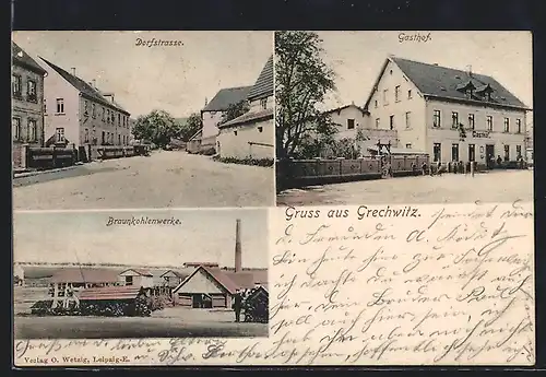 AK Grechwitz, Gasthof, Braunkohlenwerke, Dorfstrasse