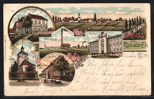 Lithographie Ramsdorf / Regis-Breitingen, Restaurant, Schloss, Kohleschacht, Kirche