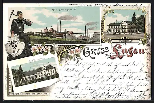 Lithographie Lugau, Gottes Segen Kohle-Schacht, Evg. Vereinshaus, Bahnhof