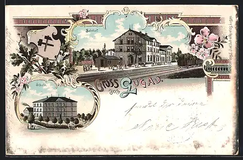 Lithographie Lugau, Bahnhof, Schule, Wappen