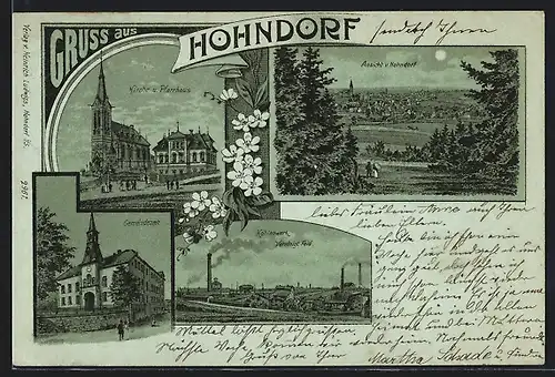 Mondschein-Lithographie Hohndorf, Kohlenwerk Vereinigt Feld, Gemeindeamt, Kirche und Pfarrhaus