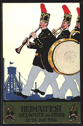 Künstler-AK Oelsnitz im Erzg., Heimatfest 1914, Sldaten mit Trommel, Im Hintergrund Kohlebergwerk